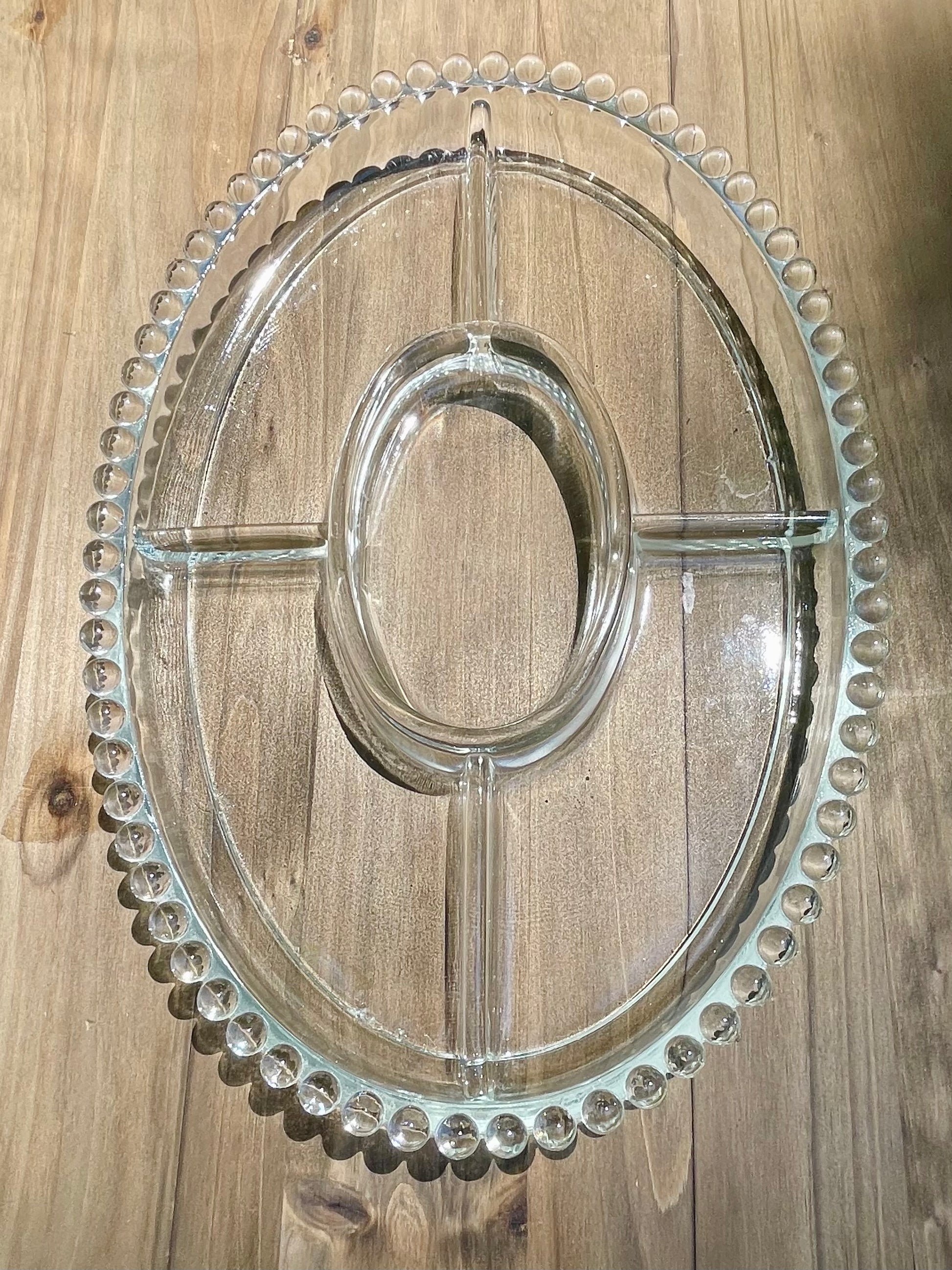 imperial glass company candlewick pattern divided party tray 1940s pearl edge design bubble design edge heavy pressed lead crystal dish vintage gift christmas birthday gift thebrokenbirdcompany lead crystal 13.5 inch length