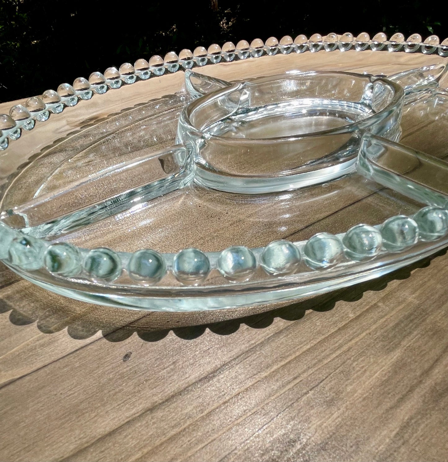 imperial glass company candlewick pattern divided party tray 1940s pearl edge design bubble design edge heavy pressed lead crystal dish vintage gift christmas birthday gift thebrokenbirdcompany lead crystal 13.5 inch length