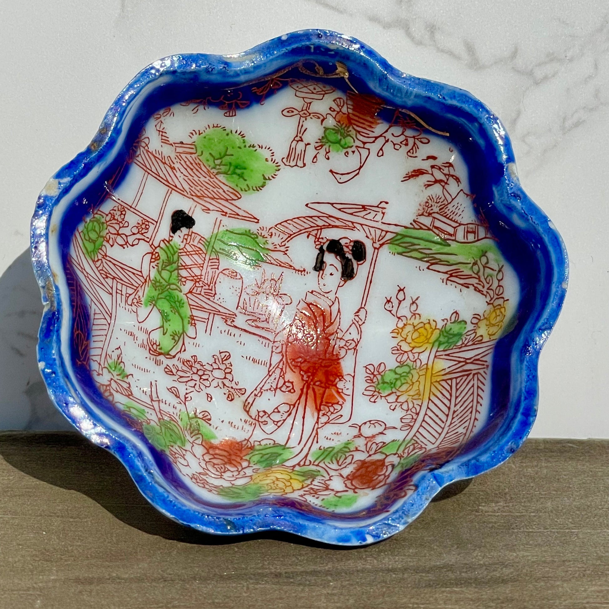Vintage hand painted blue scalloped edge teriyaki sauce bowl japanese moriage raised textured painted teriyaki sauce bowl vintage hand made blue scalloped edge bowl asain decor rare bowls asain home decor rare asian kitchen ware thebrokenbirdcompany free shipping made in japan raised textured painting asain cup blue edge geisha japan landscape green plants red dress geisha