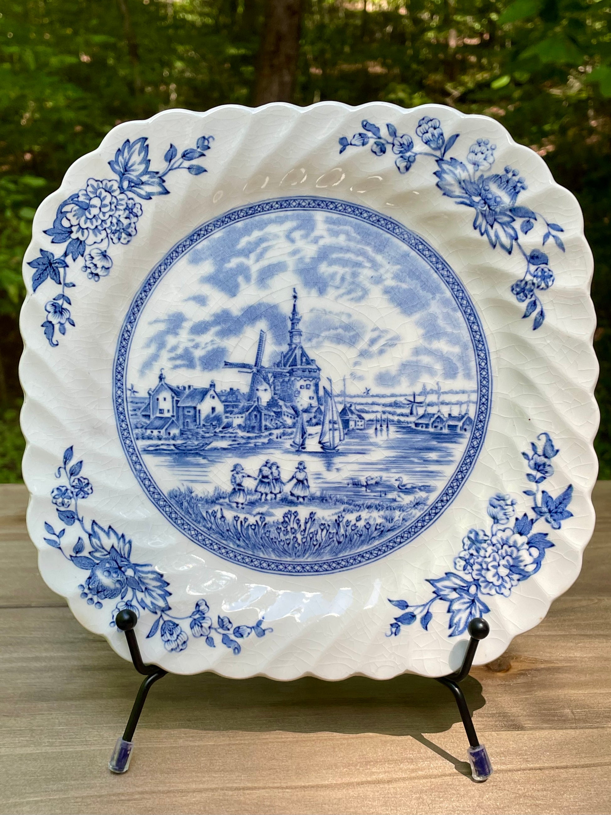 vintage blue and white dutch delftware ironstone square plates tulip time by johnson brothers made in england ruffled edge country farmhouse decor decorative plates free shipping thebrokenbirdcompany gift for her home decor