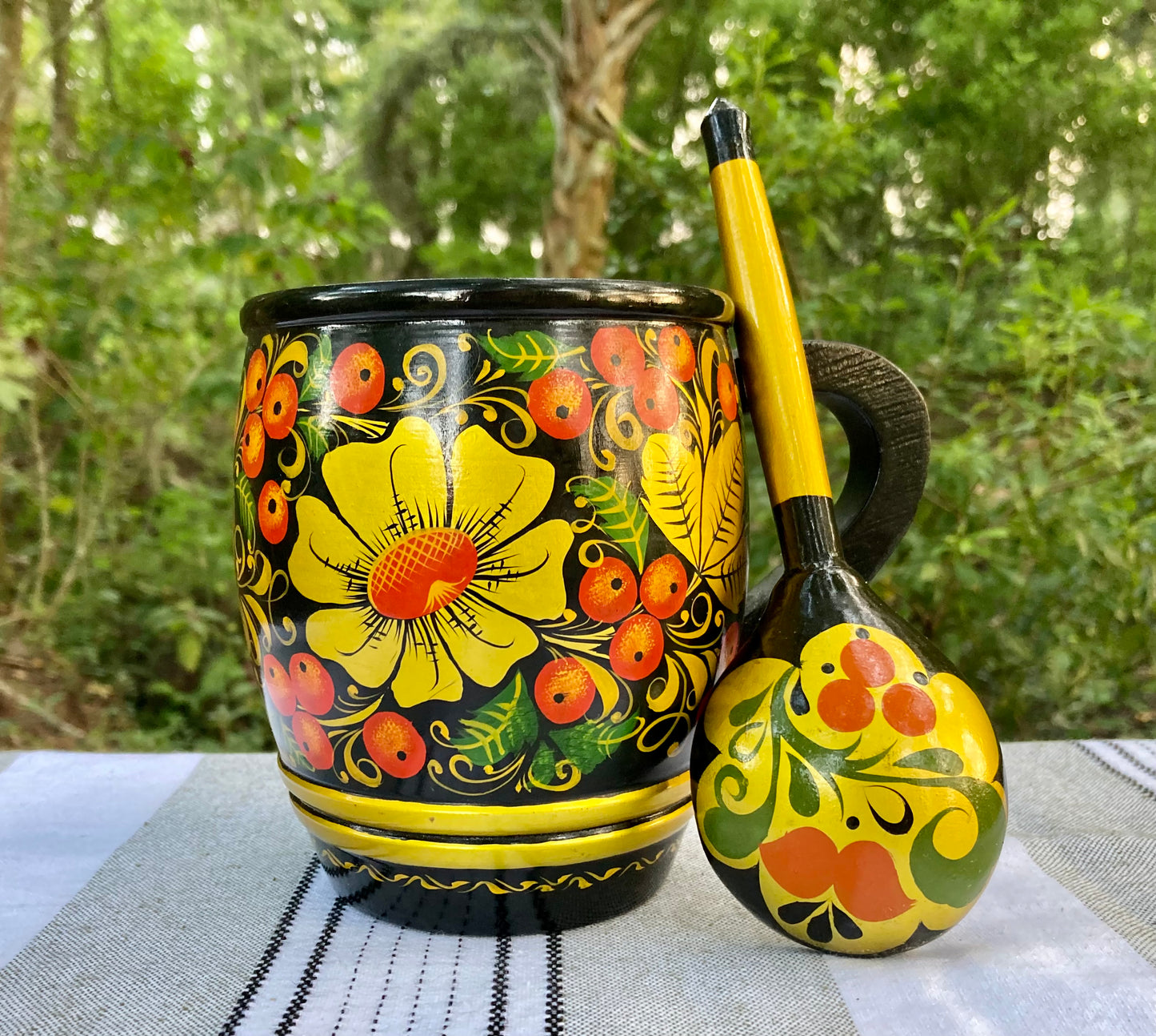 khokhloma, russian khokhloma, vintage khokhloma, russian folk art, hand painted wooden bowl, lacquered wood mug, khokhloma spoon, russian lacquerware, folk art set, painted berries flowers, soviet era khokhloma, traditional russian tableware, wooden cup spoon bowl, yellow floral khokhloma, black background khokhloma, russian souvenir, hohloma painting, khokhloma gift, wooden ladle, folk art mug thebrokenbirdcompany free shipping russian art USSR
