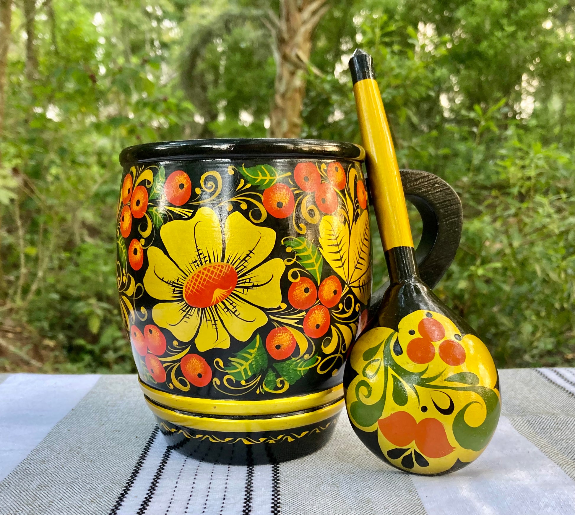 khokhloma, russian khokhloma, vintage khokhloma, russian folk art, hand painted wooden bowl, lacquered wood mug, khokhloma spoon, russian lacquerware, folk art set, painted berries flowers, soviet era khokhloma, traditional russian tableware, wooden cup spoon bowl, yellow floral khokhloma, black background khokhloma, russian souvenir, hohloma painting, khokhloma gift, wooden ladle, folk art mug thebrokenbirdcompany free shipping russian art USSR