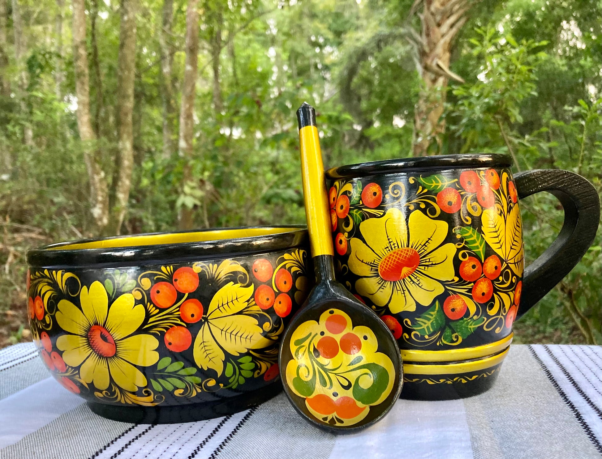 khokhloma, russian khokhloma, vintage khokhloma, russian folk art, hand painted wooden bowl, lacquered wood mug, khokhloma spoon, russian lacquerware, folk art set, painted berries flowers, soviet era khokhloma, traditional russian tableware, wooden cup spoon bowl, yellow floral khokhloma, black background khokhloma, russian souvenir, hohloma painting, khokhloma gift, wooden ladle, folk art mug thebrokenbirdcompany free shipping russian art USSR