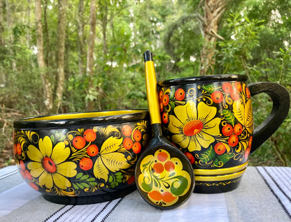khokhloma, russian khokhloma, vintage khokhloma, russian folk art, hand painted wooden bowl, lacquered wood mug, khokhloma spoon, russian lacquerware, folk art set, painted berries flowers, soviet era khokhloma, traditional russian tableware, wooden cup spoon bowl, yellow floral khokhloma, black background khokhloma, russian souvenir, hohloma painting, khokhloma gift, wooden ladle, folk art mug thebrokenbirdcompany free shipping russian art USSR
