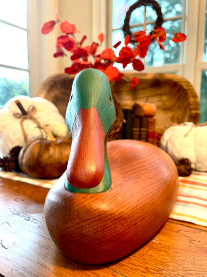vintage duck decoy, wooden mallard decoy, greenhead duck decoy, hand carved duck, glass eye decoy, solid wood duck, folk art decoy, decorative duck decoy, cabin decor, lake house decor, rustic home decor, vintage waterfowl, mallard drake carving, 16 inch duck decoy, American folk art bird, hunting decor, mantel decoy Thebrokenbirdcompany free shipping duck wood duck statue