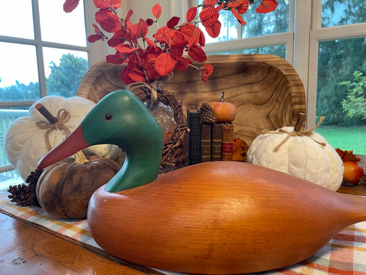 Vintage Oak Carved Duck Decoy Green Head Large Decoy Office Decor Country Themed Home Decor