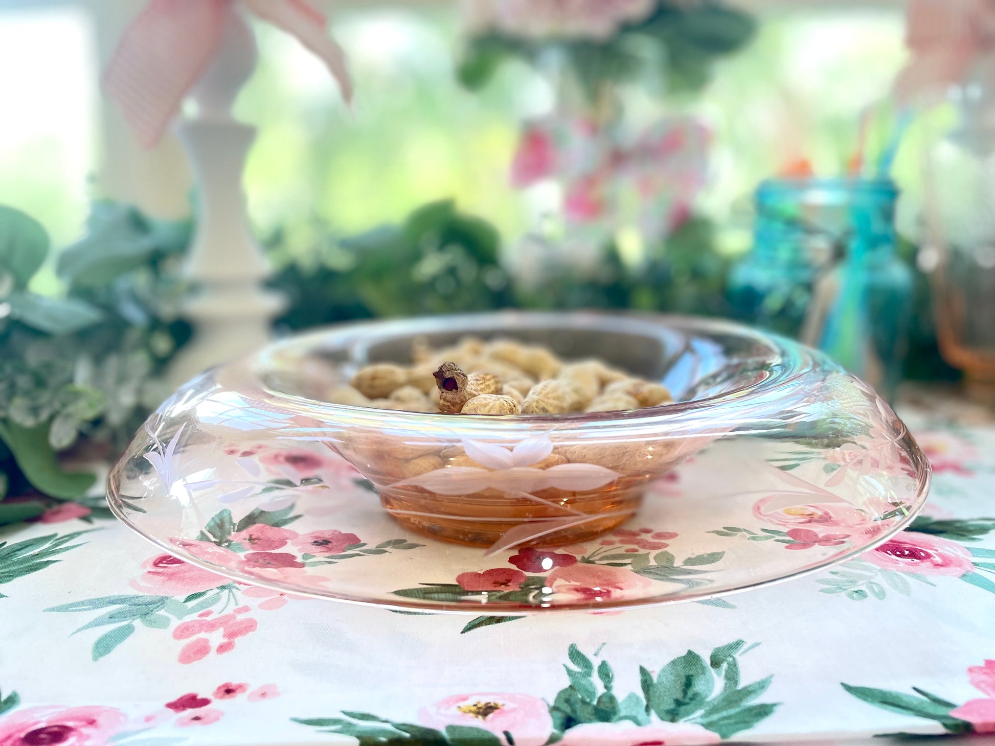 Antique 1930s Pink Depression Glass Etched Rolled Edge Console Bowl pink bowl thebrokenbirdcompany free shipping birthday centerpiece bowl mothers day easter pink decor pink glass etched flowers and vines party bowl decor