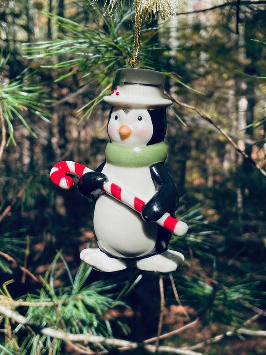 vintage 1990s Lenox Christmas Ornament Penguin holding a candy cane with top hat and green scarf 3.5 inch very merry christmas collection rare lenox gift babys first christmas gift collection set free shipping thebrokenbirdcompany christmas decor christmas ornaments vintage christmas decor holiday ornaments