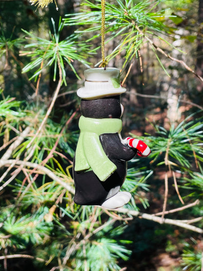 vintage 1990s Lenox Christmas Ornament Penguin holding a candy cane with top hat and green scarf 3.5 inch very merry christmas collection rare lenox gift babys first christmas gift collection set free shipping thebrokenbirdcompany christmas decor christmas ornaments vintage christmas decor holiday ornaments