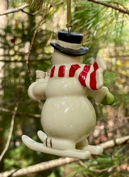 2017 Lenox Very Merry Christmas Snowman Skiing porcelain 24k gold accent christmas ornament rare discontinued collection Lenox Snowman with red scarf and green gloves christmas ornaments christmas gifts lenox christmas 3.5 inch 