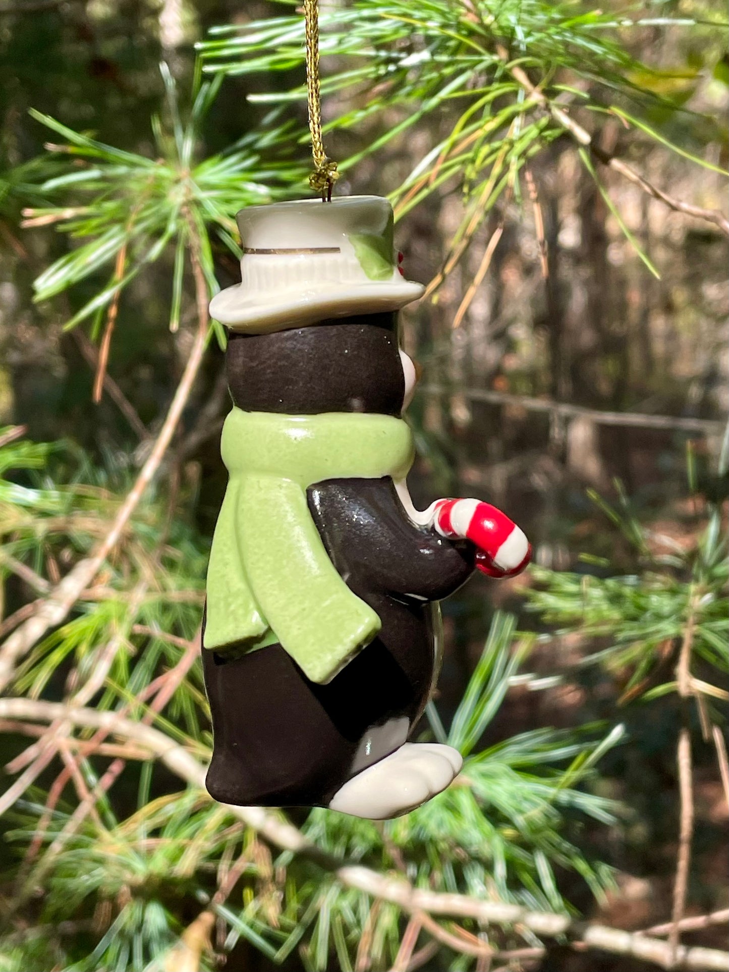 vintage 1990s Lenox Christmas Ornament Penguin holding a candy cane with top hat and green scarf 3.5 inch very merry christmas collection rare lenox gift babys first christmas gift collection set free shipping thebrokenbirdcompany christmas decor christmas ornaments vintage christmas decor holiday ornaments