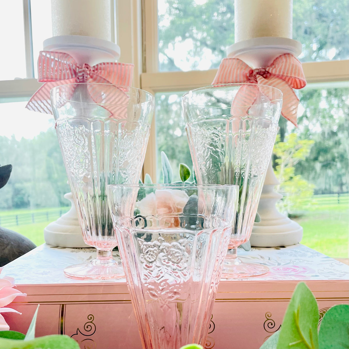 vintage depression glass, pink depression glass, Mayfair Open Rose, Anchor Hocking Mayfair, Hocking Glass Open Rose, 1930s pink glass, footed iced tea tumbler, pedestal glass cup, pink rose glassware, Depression era glass, collectible pink glass, footed Antique Anchor Hocking Mayfair Open Rose Pink Depression Glass Footed Iced Tea Cups 3 Thebrokenbirdcompany pink ice tea glasses antique glass