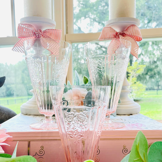 Antique Anchor Hocking Mayfair Open Rose Pink Depression Glass Footed Iced Tea Cups 3 Thebrokenbirdcompany pink ice tea glasses antique glass roses embossed on the sides of the cup with a round pedestal base with lateral lines pressed bottom glass