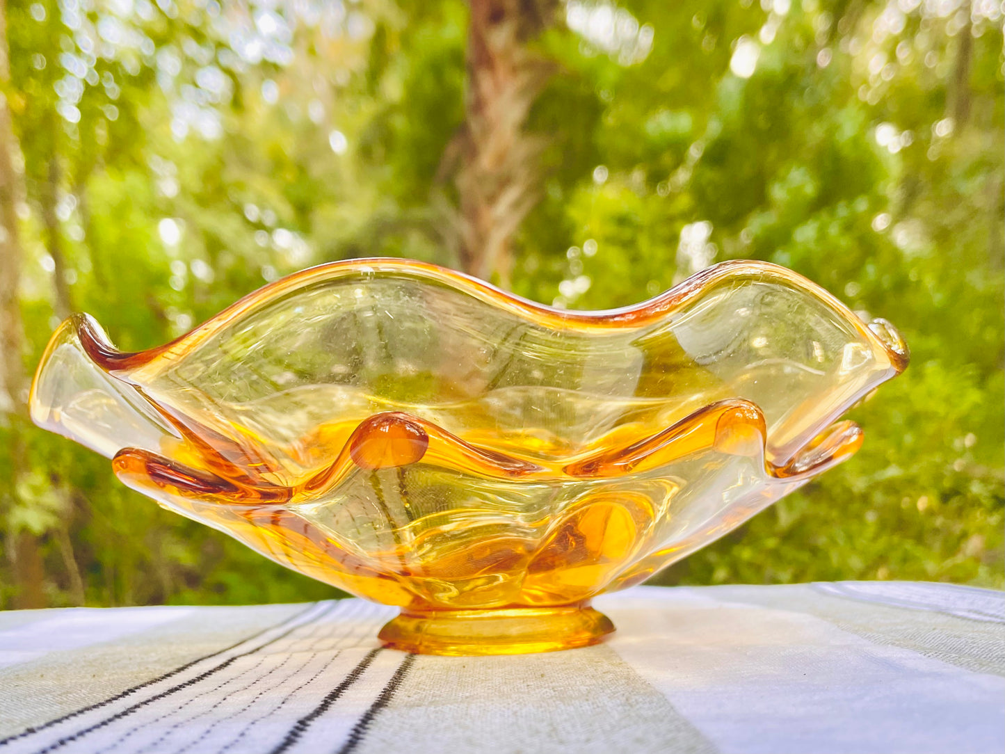 viking glass bowl, viking epic bowl, double ruffle viking, double crimped viking glass, amber viking glass, mid century modern viking, viking amber candy dish, 8 inch viking ruffled bowl, golden amber viking bowl, viking glass company, mcm art glass bowl, vintage viking double ruffle, honey amber ruffled dish, west virginia glass, 1960s viking glass, viking persimmon bowl thebrokenbirdcompany free shipping vintage home decor mcm decor