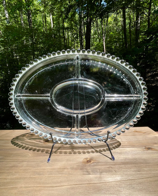 imperial glass company candlewick pattern divided party tray 1940s pearl edge design bubble design edge heavy pressed lead crystal dish vintage gift christmas birthday gift thebrokenbirdcompany lead crystal 13.5 inch length