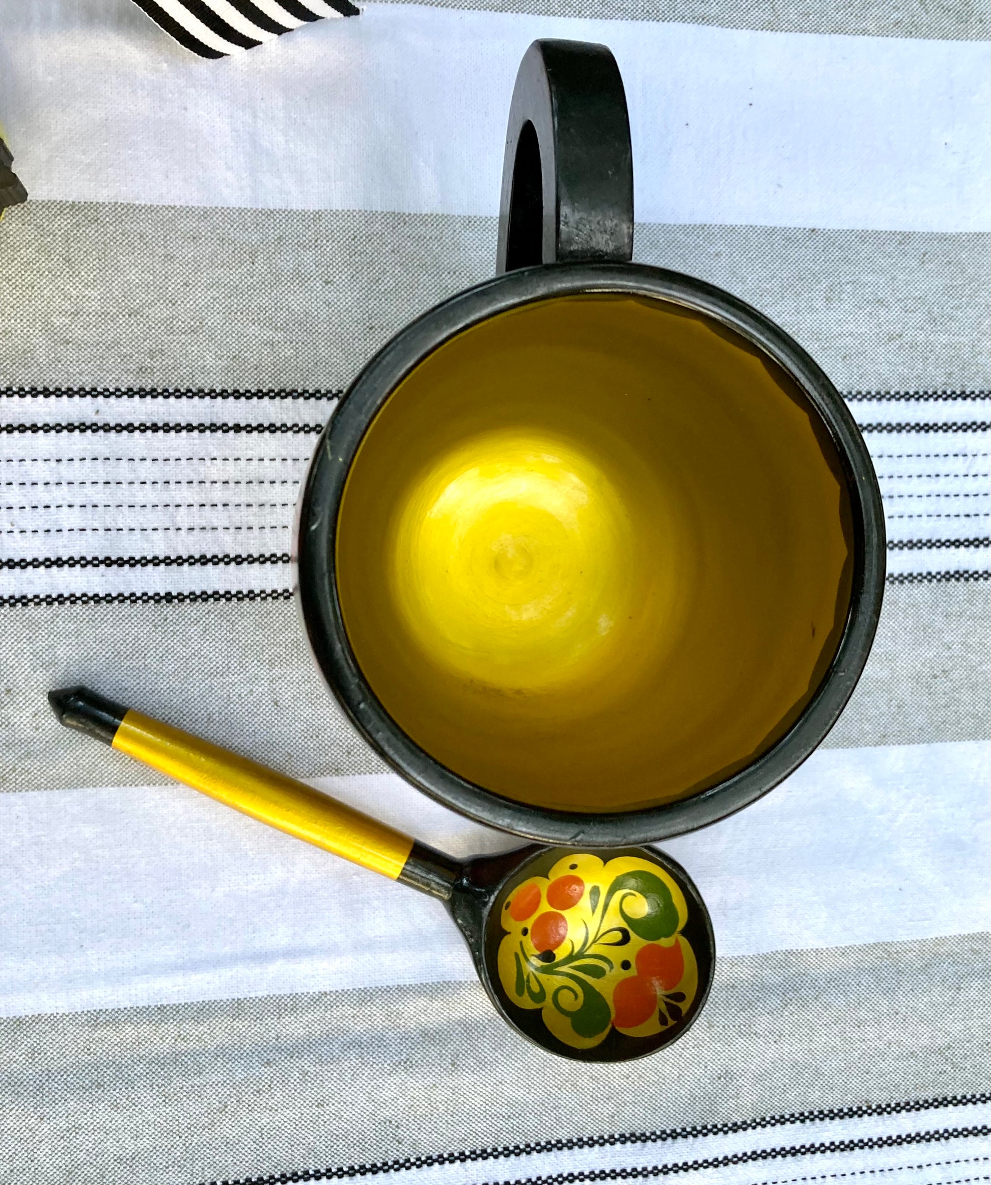 khokhloma, russian khokhloma, vintage khokhloma, russian folk art, hand painted wooden bowl, lacquered wood mug, khokhloma spoon, russian lacquerware, folk art set, painted berries flowers, soviet era khokhloma, traditional russian tableware, wooden cup spoon bowl, yellow floral khokhloma, black background khokhloma, russian souvenir, hohloma painting, khokhloma gift, wooden ladle, folk art mug thebrokenbirdcompany free shipping russian art USSR