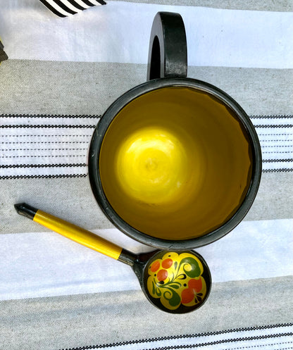 khokhloma, russian khokhloma, vintage khokhloma, russian folk art, hand painted wooden bowl, lacquered wood mug, khokhloma spoon, russian lacquerware, folk art set, painted berries flowers, soviet era khokhloma, traditional russian tableware, wooden cup spoon bowl, yellow floral khokhloma, black background khokhloma, russian souvenir, hohloma painting, khokhloma gift, wooden ladle, folk art mug thebrokenbirdcompany free shipping russian art USSR