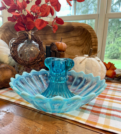 Antique rare blue glass centerpiece kitchen home decor baby blue glass  gift ruffle edge  Fenton glass Fenton blue glass Thebrokenbirdcompany’s birthday candle holder vase  blown glass candle holder rare antique gift 