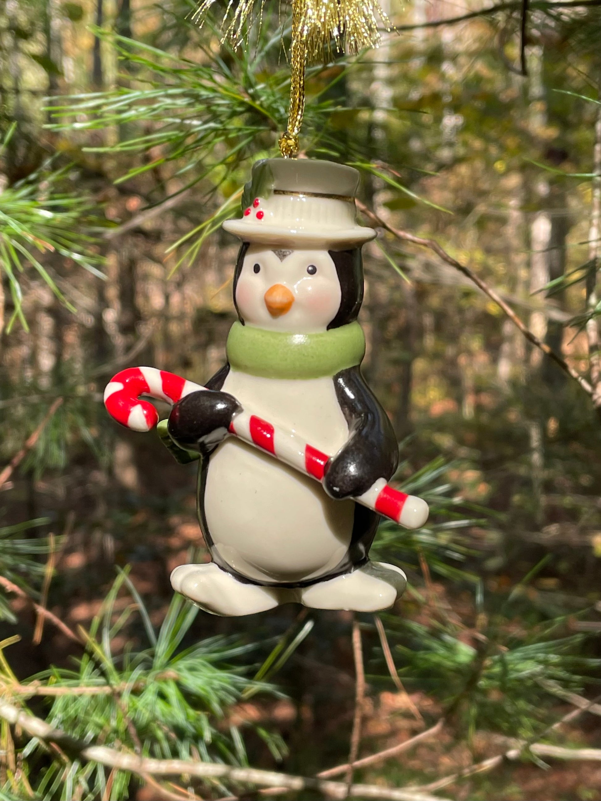 vintage 1990s Lenox Christmas Ornament Penguin holding a candy cane with top hat and green scarf 3.5 inch very merry christmas collection rare lenox gift babys first christmas gift collection set free shipping thebrokenbirdcompany christmas decor christmas ornaments vintage christmas decor holiday ornaments