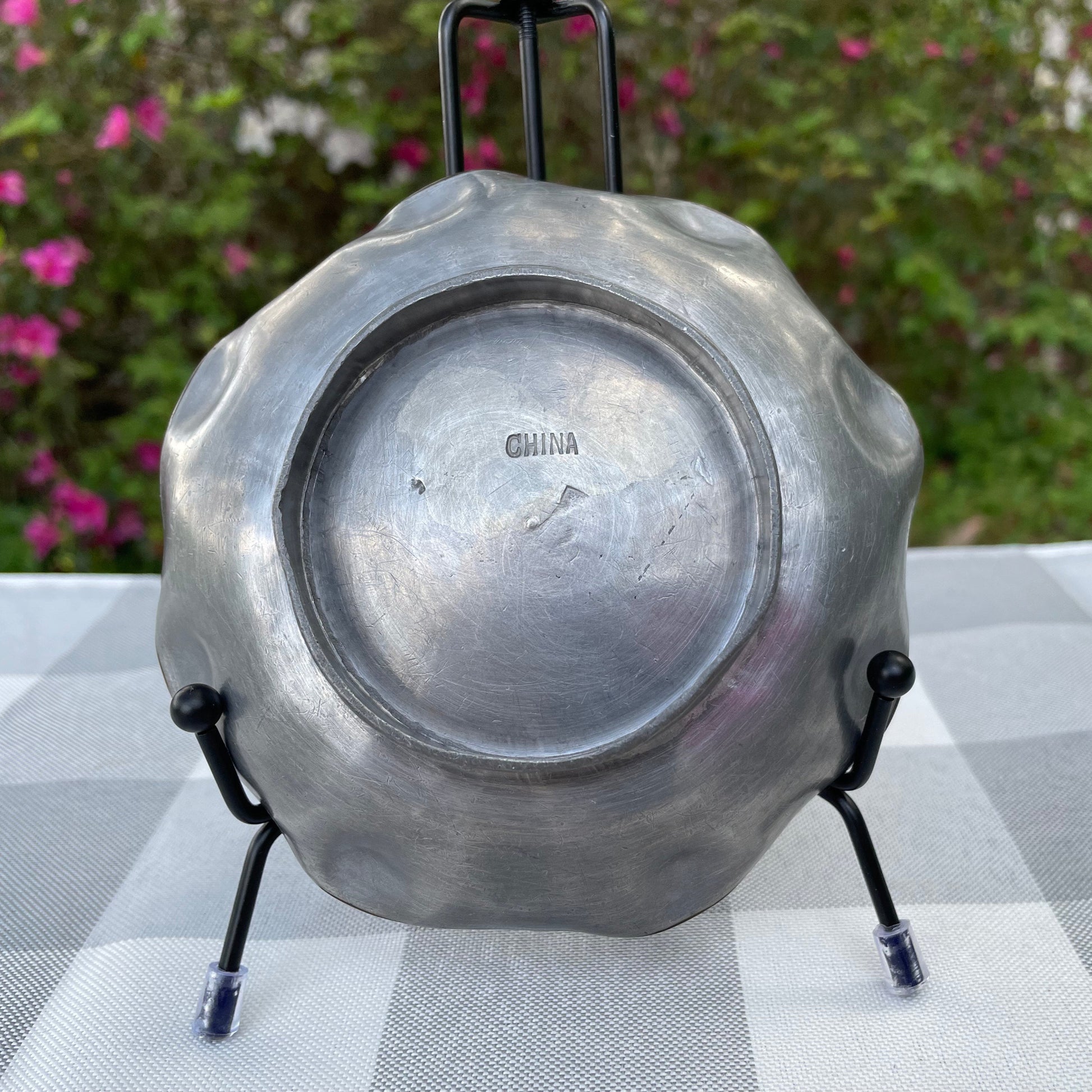 vintage Chinese pewter plate with brass etched inlay peony flower scalloped edge brass rim rare asain decor floral motif two toned metal plate CHINA stamped back circa 1900-1950 decorative pewter plate asain decor asain inspired plate thebrokenbirdcompany free shipping rare gift christmas housewarming gift