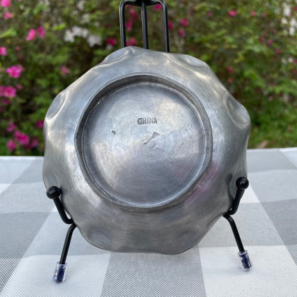 vintage Chinese pewter plate with brass etched inlay peony flower scalloped edge brass rim rare asain decor floral motif two toned metal plate CHINA stamped back circa 1900-1950 decorative pewter plate asain decor asain inspired plate thebrokenbirdcompany free shipping rare gift christmas housewarming gift