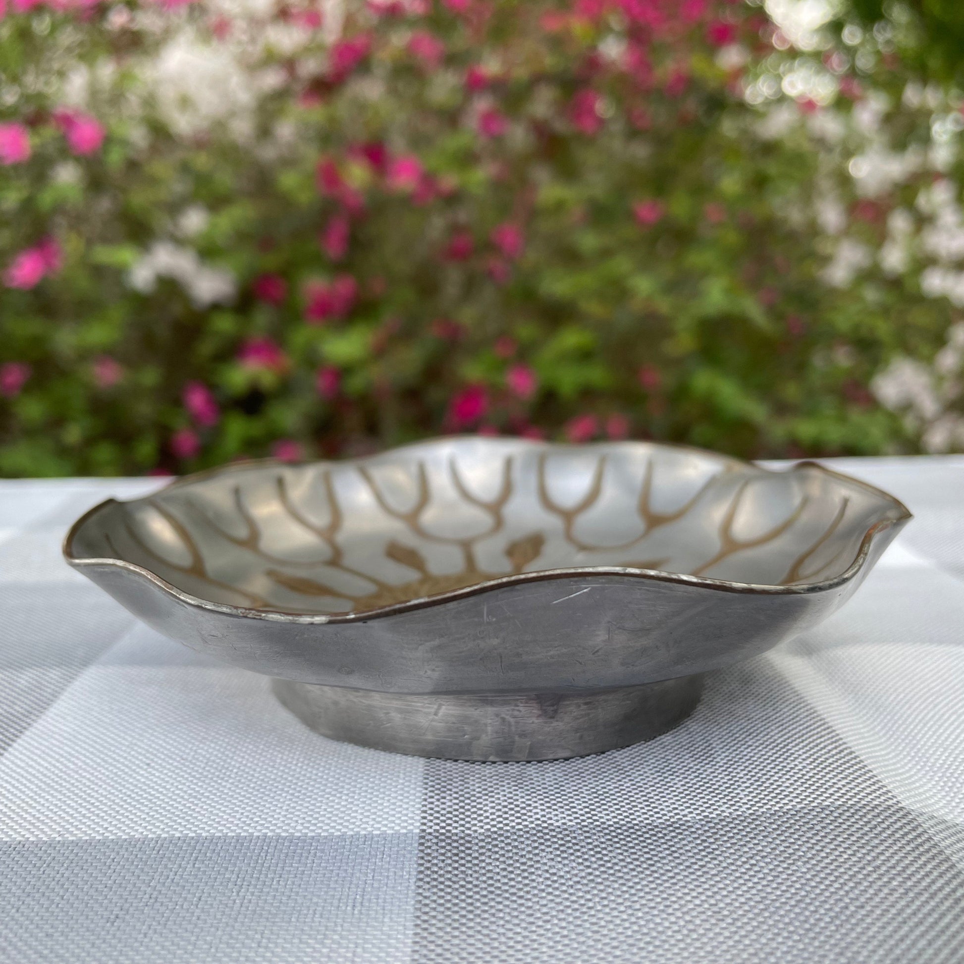 vintage Chinese pewter plate with brass etched inlay peony flower scalloped edge brass rim rare asain decor floral motif two toned metal plate CHINA stamped back circa 1900-1950 decorative pewter plate asain decor asain inspired plate thebrokenbirdcompany free shipping rare gift christmas housewarming gift