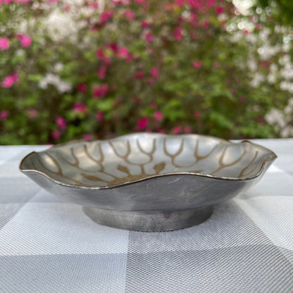 vintage Chinese pewter plate with brass etched inlay peony flower scalloped edge brass rim rare asain decor floral motif two toned metal plate CHINA stamped back circa 1900-1950 decorative pewter plate asain decor asain inspired plate thebrokenbirdcompany free shipping rare gift christmas housewarming gift