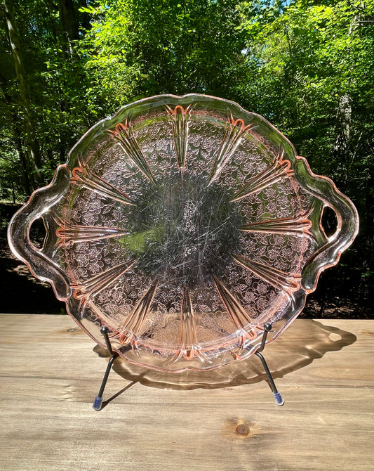 pink depression glass, Mayfair Open Rose, Anchor Hocking glass, vintage serving tray, handled glass plate, floral pattern glass, depression era collectible, 1930s glassware, rose motif tray, pink glass platter, antique serving dish, molded depression glass, Open Rose pattern, vintage pink tray, collectible glassware thebrokenbirdcompany vintage kitchenware gift for her spring serving plate pink plate