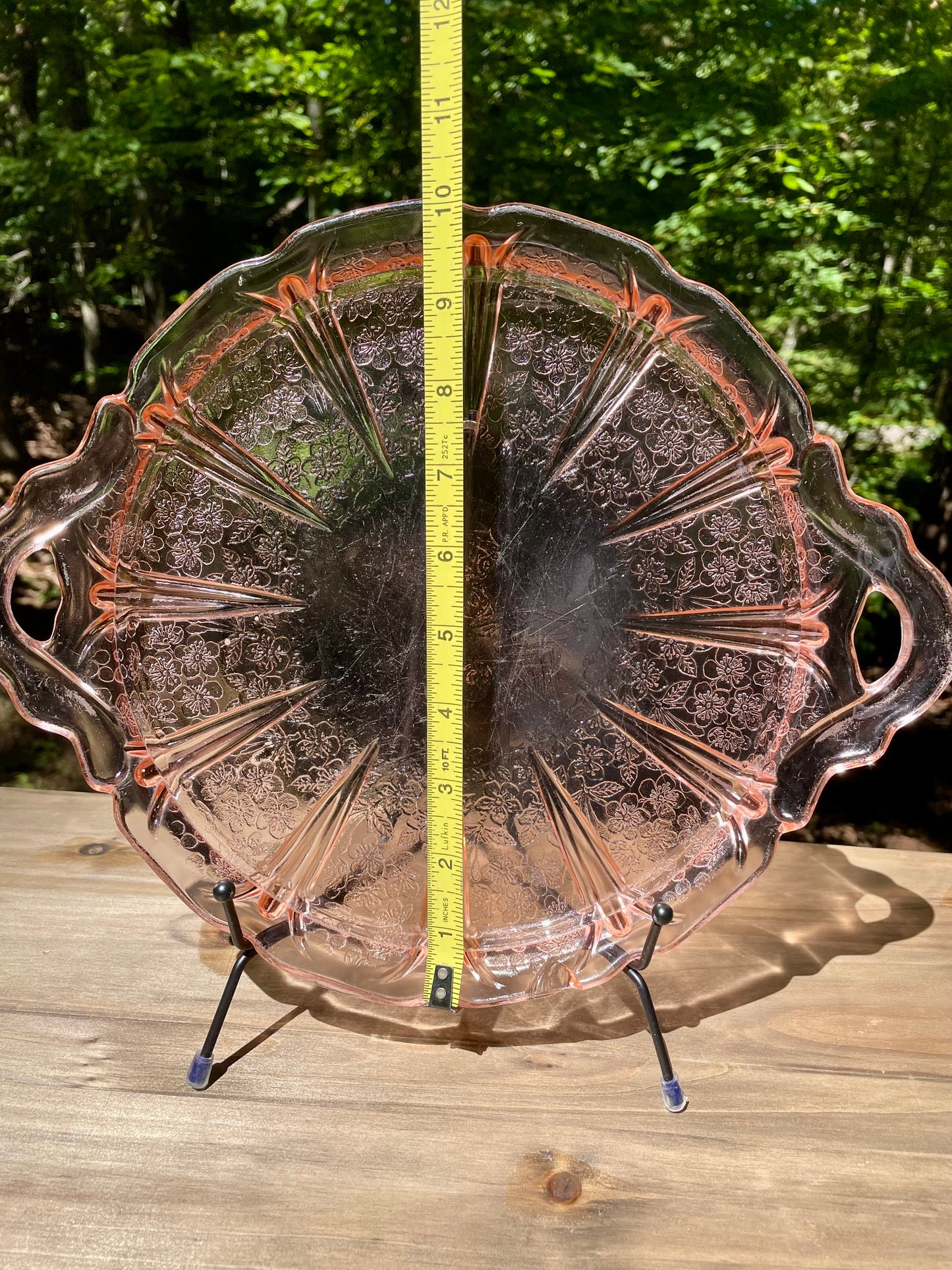 pink depression glass, Mayfair Open Rose, Anchor Hocking glass, vintage serving tray, handled glass plate, floral pattern glass, depression era collectible, 1930s glassware, rose motif tray, pink glass platter, antique serving dish, molded depression glass, Open Rose pattern, vintage pink tray, collectible glassware thebrokenbirdcompany vintage kitchenware gift for her spring serving plate pink plate