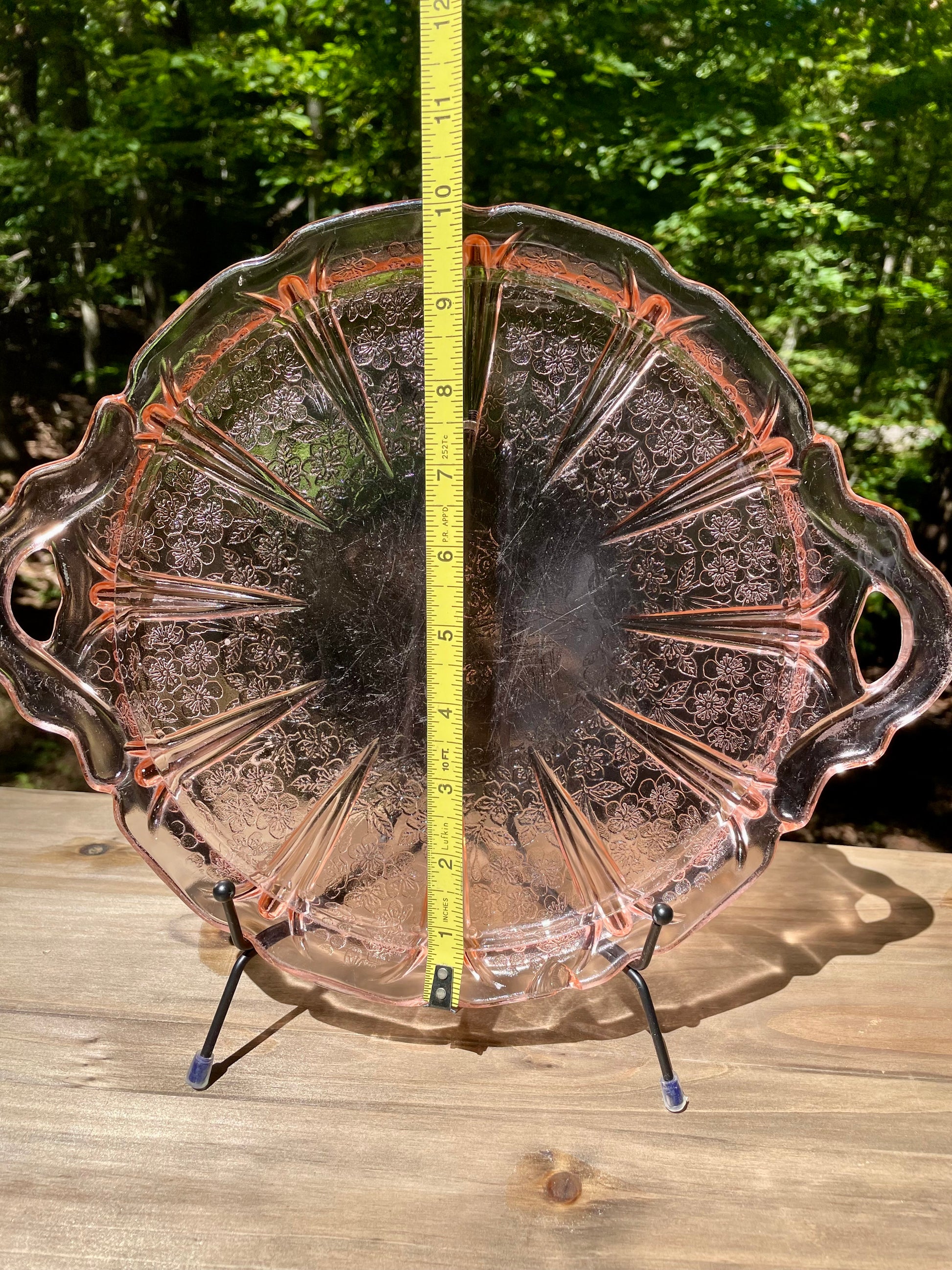 pink depression glass, Mayfair Open Rose, Anchor Hocking glass, vintage serving tray, handled glass plate, floral pattern glass, depression era collectible, 1930s glassware, rose motif tray, pink glass platter, antique serving dish, molded depression glass, Open Rose pattern, vintage pink tray, collectible glassware thebrokenbirdcompany vintage kitchenware gift for her spring serving plate pink plate