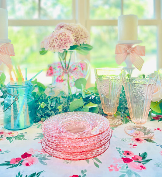 pink depression glass, diamond quilted pattern, imperial glass plates, vintage dessert plates, 1930s glassware, flat diamond glass, collectible pink glass, depression era tableware, quilted pink plates, antique glass set, retro pink dessert plates, art deco glassware, imperial glass diamond quilted, shabby chic decor, pink quilted depression glass Thebrokenbirdcompany gift antique glass