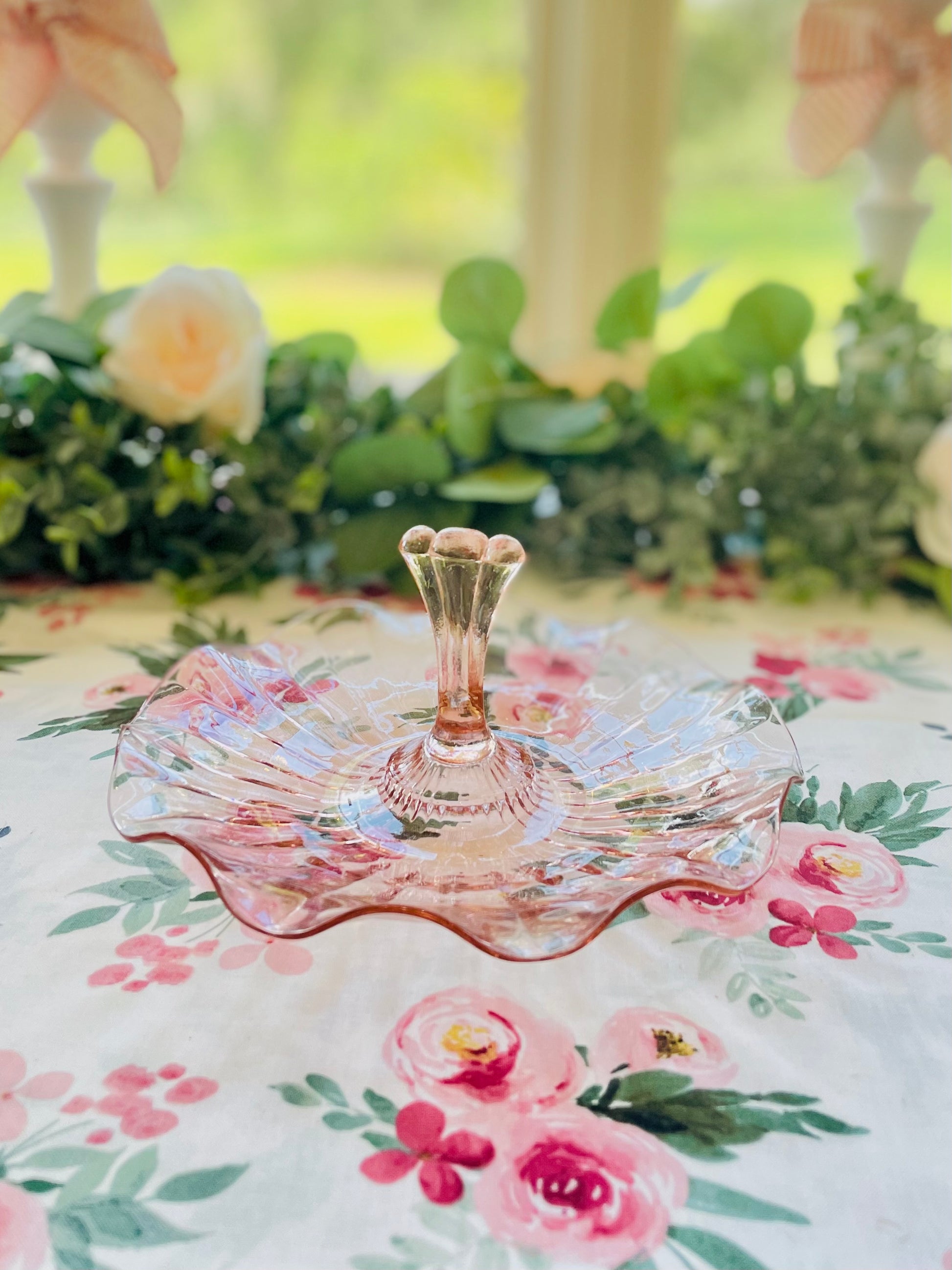 Antique pink depression glass pink ruffled edge vanity dish cookie dish pink serving dish antique pink party platter the broken bird company antique glass birthday gift pink glass cookie plate pink pink party ware fancy pink glass pink tea party plate