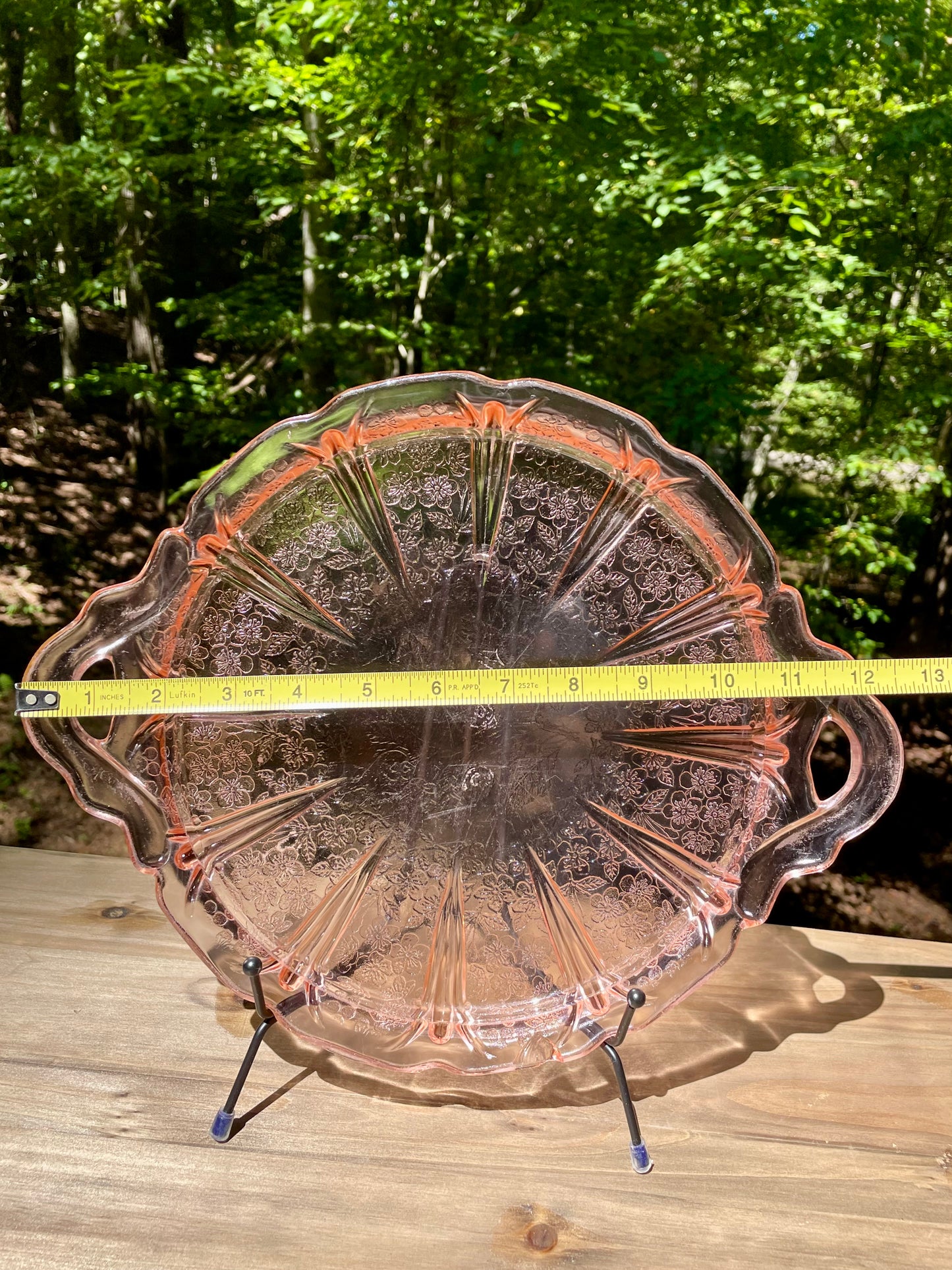 pink depression glass, Mayfair Open Rose, Anchor Hocking glass, vintage serving tray, handled glass plate, floral pattern glass, depression era collectible, 1930s glassware, rose motif tray, pink glass platter, antique serving dish, molded depression glass, Open Rose pattern, vintage pink tray, collectible glassware thebrokenbirdcompany vintage kitchenware gift for her spring serving plate pink plate