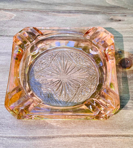 pink depression glass ashtray, vintage Jeannette Adam pattern, 1930s depression era glassware, square pink glass dish, collectible depression glass, antique pink ashtray, Adam pattern Jeannette, retro glass trinket tray, pink vintage smoking accessory, depression glass collector item, 3 inch square ashtray, starburst design glass, nostalgic pink decor