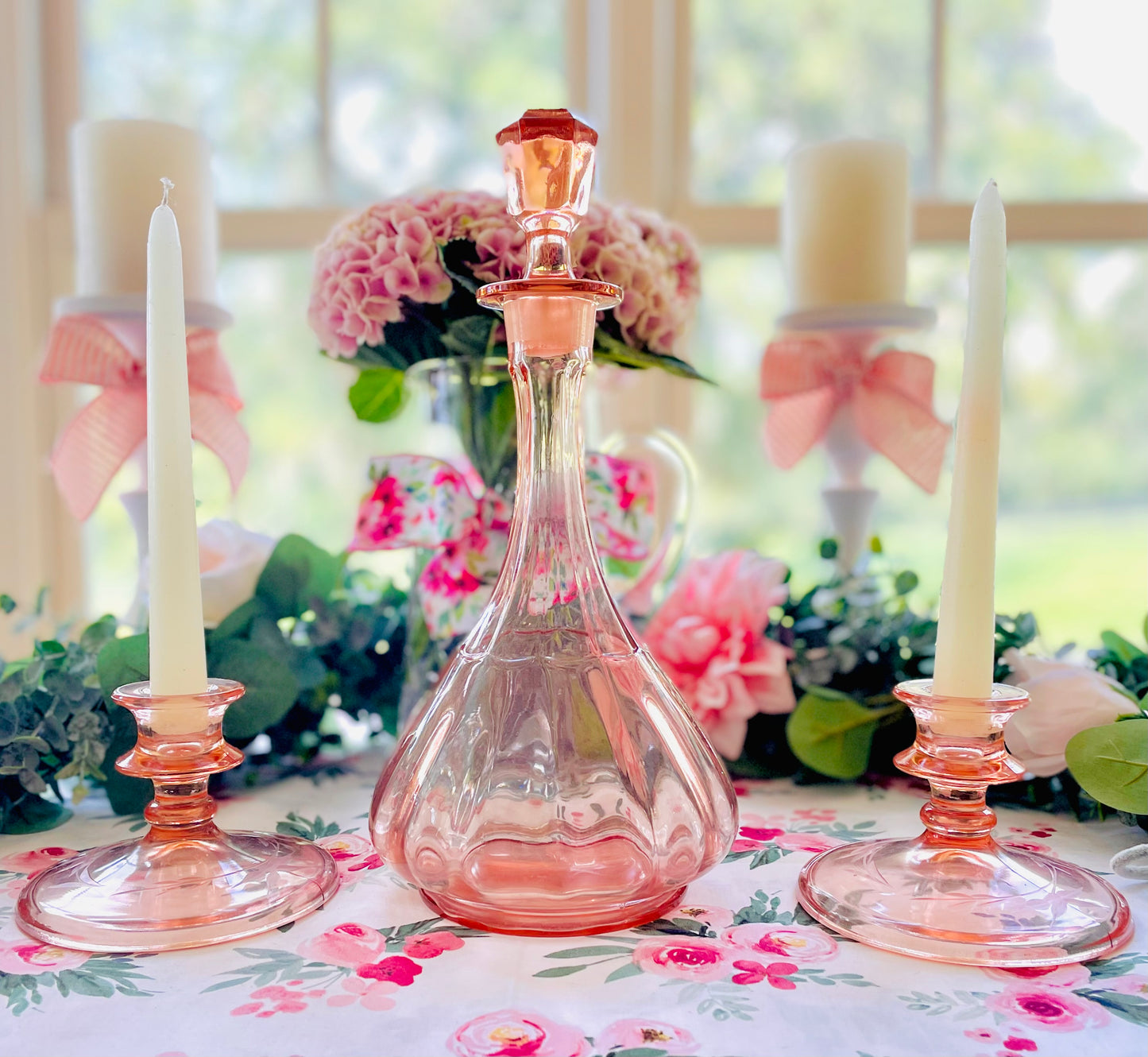 antique pink depression glass pink glass decanter hexagon stopper decanter pink glass decor pink kitchenware pink office decor birthday rare pink decanter Thebrokenbirdcompany pink kitchen antique glass wine decanter pink fancy decanter container