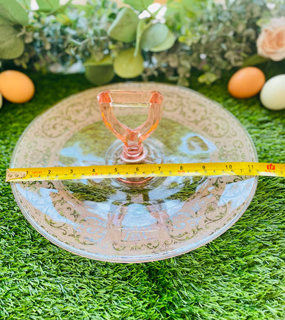 Antique Pink Depression Glass Oval Floral Etched Triangle Handle Sandwich Tray