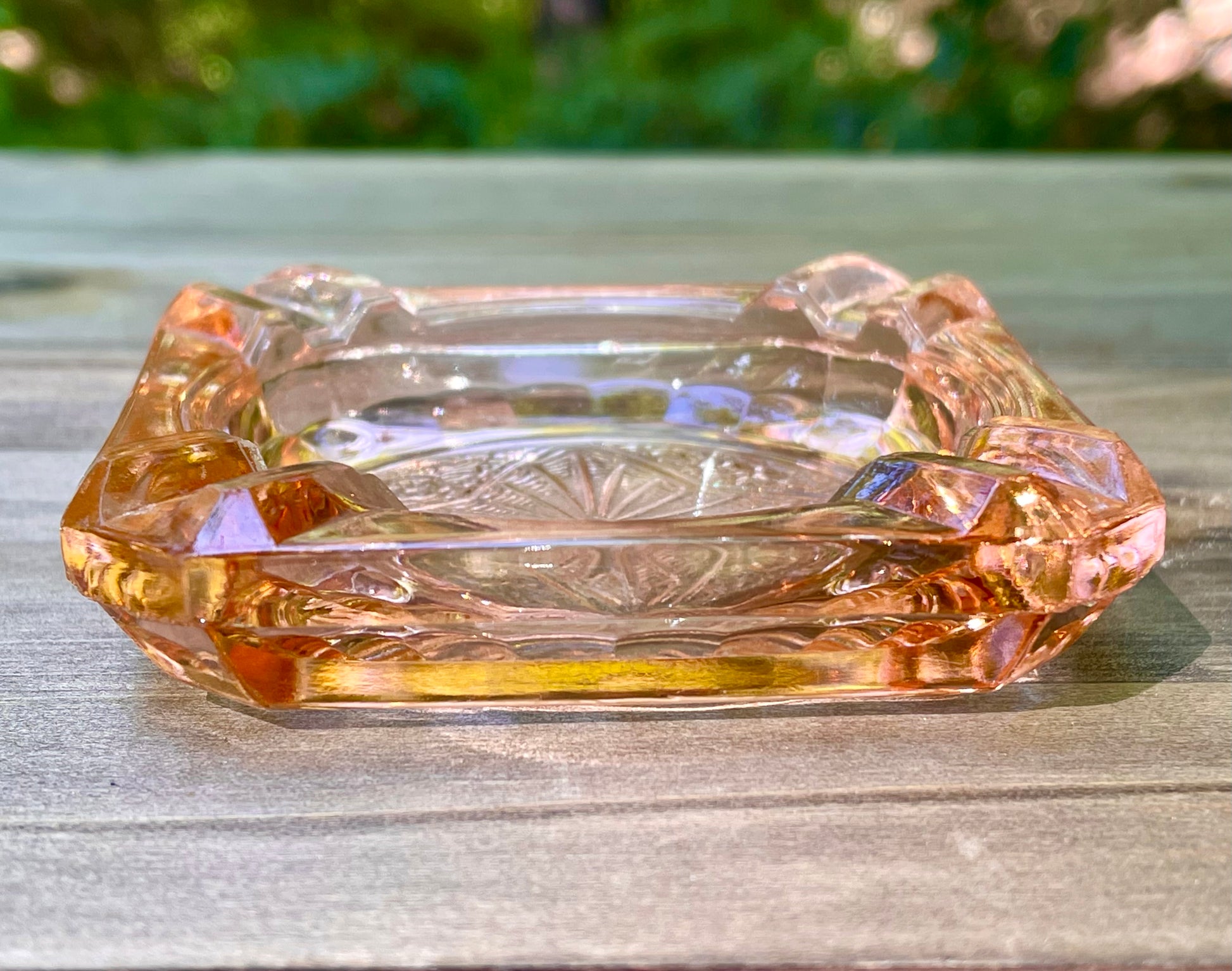 pink depression glass ashtray, vintage Jeannette Adam pattern, 1930s depression era glassware, square pink glass dish, collectible depression glass, antique pink ashtray, Adam pattern Jeannette, retro glass trinket tray, pink vintage smoking accessory, depression glass collector item, 3 inch square ashtray, starburst design glass, nostalgic pink decor