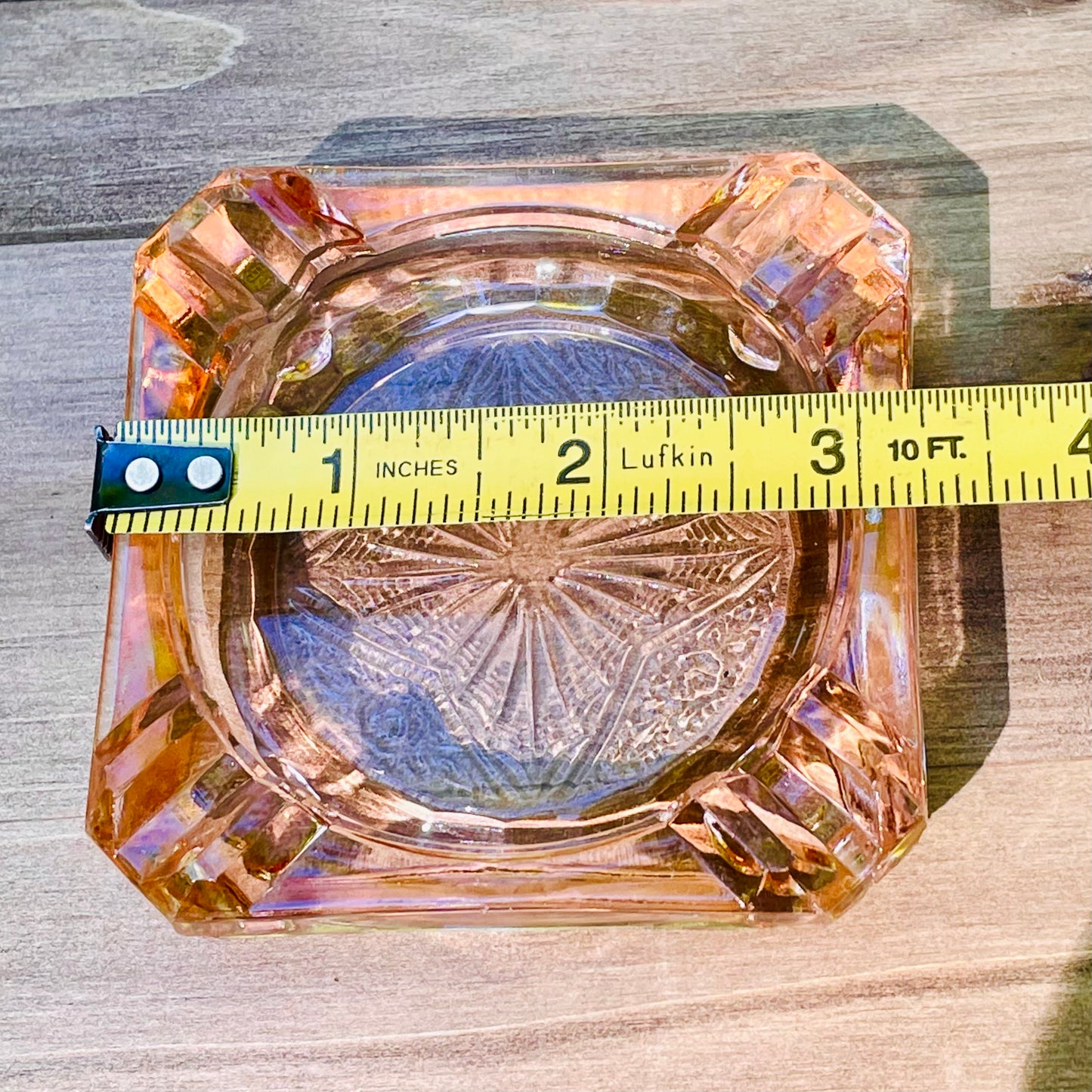 pink depression glass ashtray, vintage Jeannette Adam pattern, 1930s depression era glassware, square pink glass dish, collectible depression glass, antique pink ashtray, Adam pattern Jeannette, retro glass trinket tray, pink vintage smoking accessory, depression glass collector item, 3 inch square ashtray, starburst design glass, nostalgic pink decor