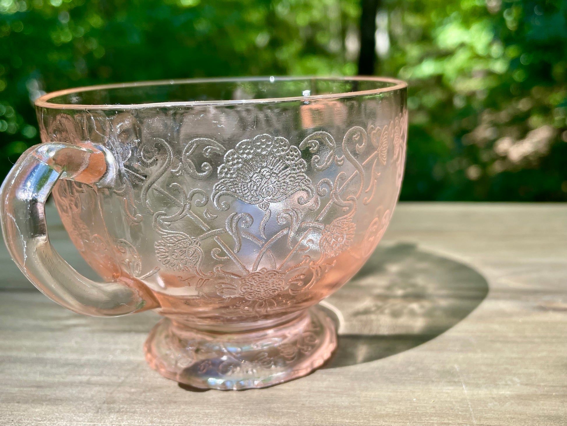 Vintage Blush Pink Footed Bon Bon Dish 1943 Kay Pattern Produced by Lancaster Glass Company pink depression glass blush pink rose pink elegant cup floral etched pedestal cup thebrokenbirdcompany free shipping rare pink glass gift for her christmas princess cup floral etched pink