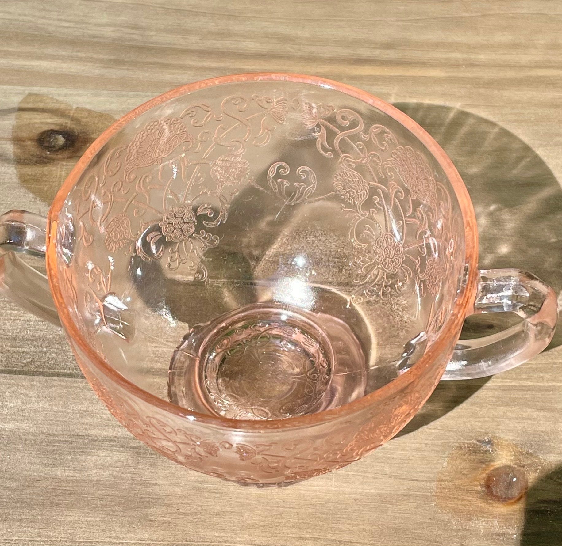Vintage Blush Pink Footed Bon Bon Dish 1943 Kay Pattern Produced by Lancaster Glass Company pink depression glass blush pink rose pink elegant cup floral etched pedestal cup thebrokenbirdcompany free shipping rare pink glass gift for her christmas princess cup floral etched pink