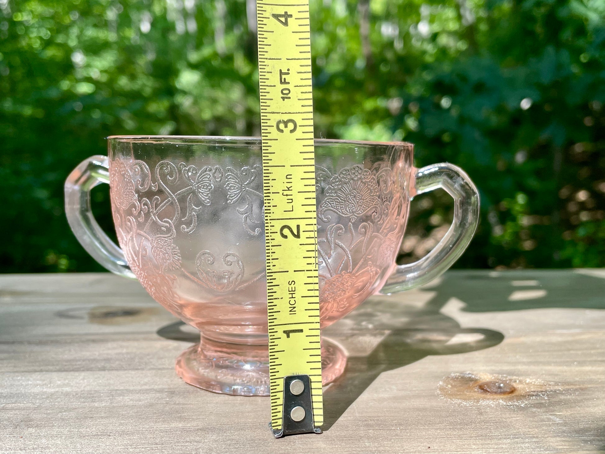 Vintage Blush Pink Footed Bon Bon Dish 1943 Kay Pattern Produced by Lancaster Glass Company pink depression glass blush pink rose pink elegant cup floral etched pedestal cup thebrokenbirdcompany free shipping rare pink glass gift for her christmas princess cup floral etched pink