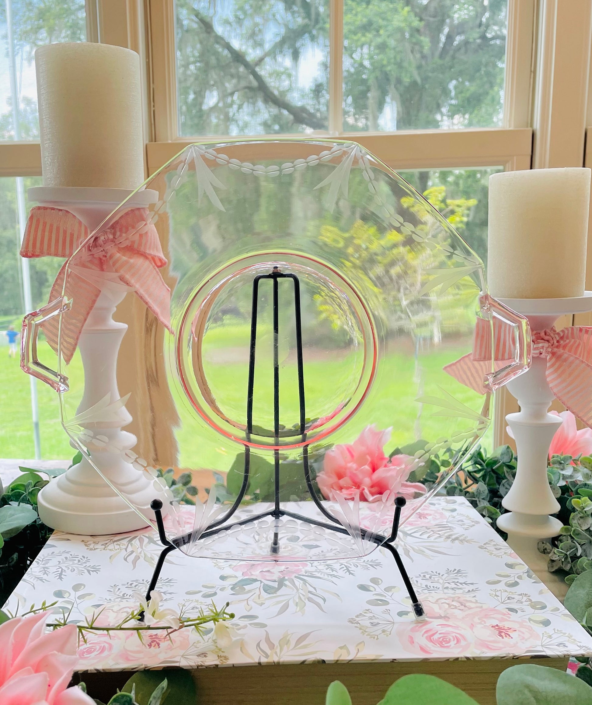 antique glass pink depression glass cake plate thebrokenbirdcompany party plate cake plate pink glass pink kitchenware pink plate pink birthday gift rare pink glass octagon shaped plate fancy plate for cake antique pink cake plate