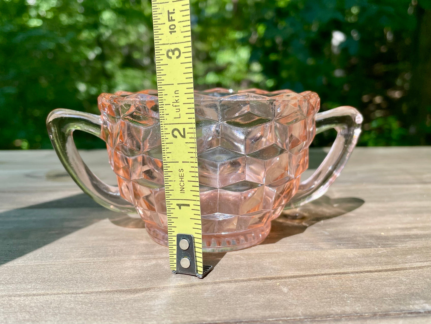 vintage diamond quilted pink depression glass double handle sugar bowl cup tea cup imperial glass company 1930s vintage pink glass pink cup princess cup gift thebrokenbirdcompany free shipping pink glass vintage gift birthday cup scalloped edge blush pink glass 2.5 inch height 5 inch width double pink handles diamond optic quilted 1930s pink depression glass