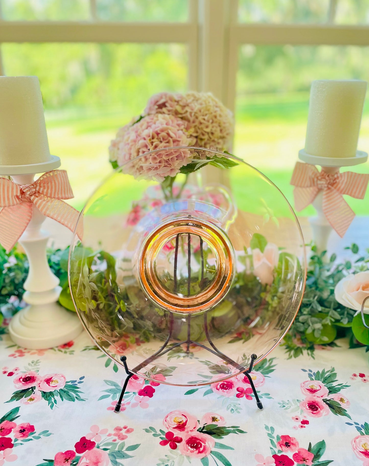 Antique 1930s Pink Depression Glass Etched Rolled Edge Console Bowl pink bowl thebrokenbirdcompany free shipping birthday centerpiece bowl mothers day easter pink decor pink glass etched flowers and vines party bowl decor