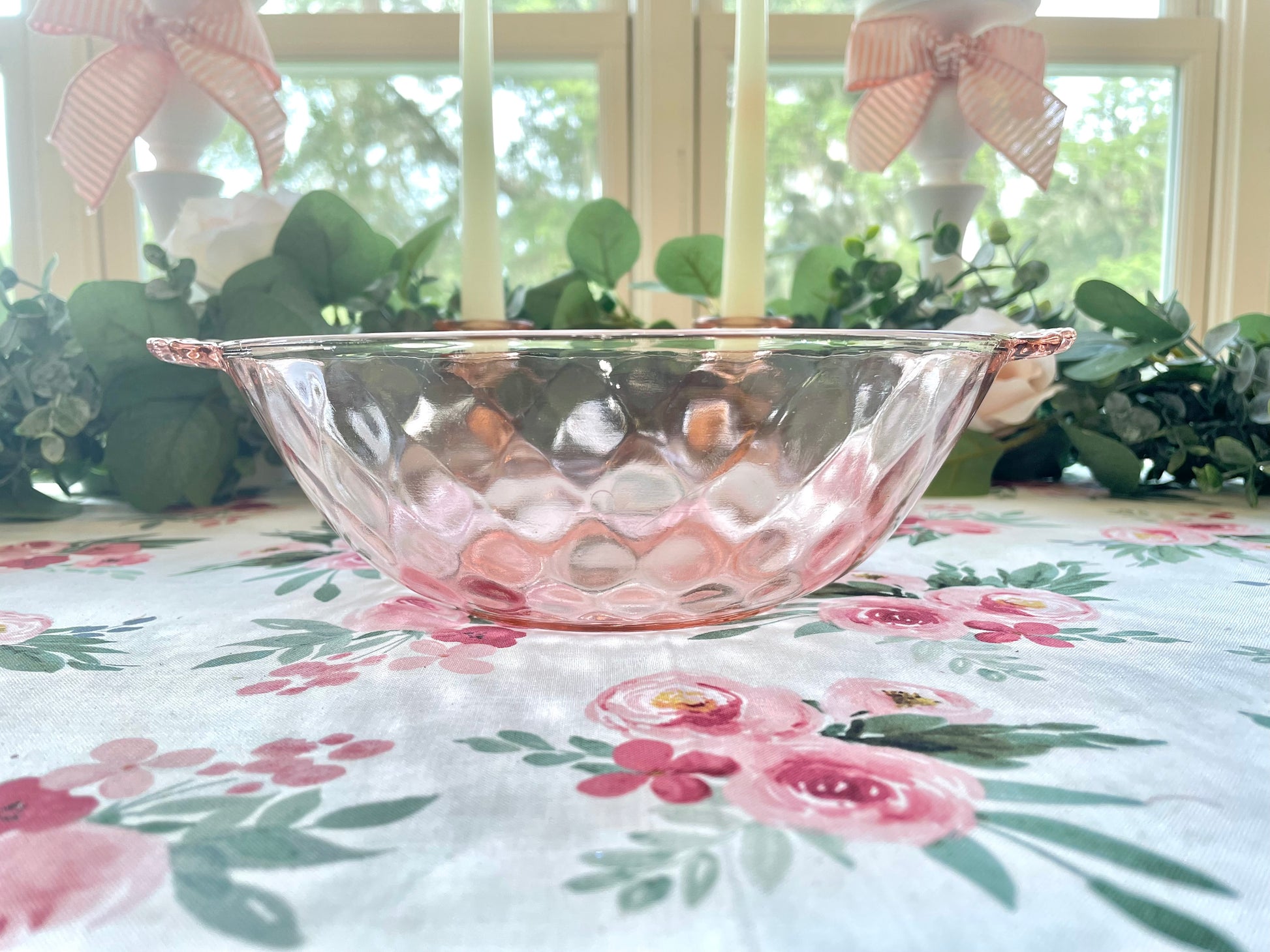 Anchor Hocking diamond optic pink depression glass serving bowl with ornate glass handles Pink depression glass berry bowl ornate salad bowl Thebrokenbirdcompany pink glass antique glass pink birthday gift fancy ice cream bowl depression glass pink party bowl 