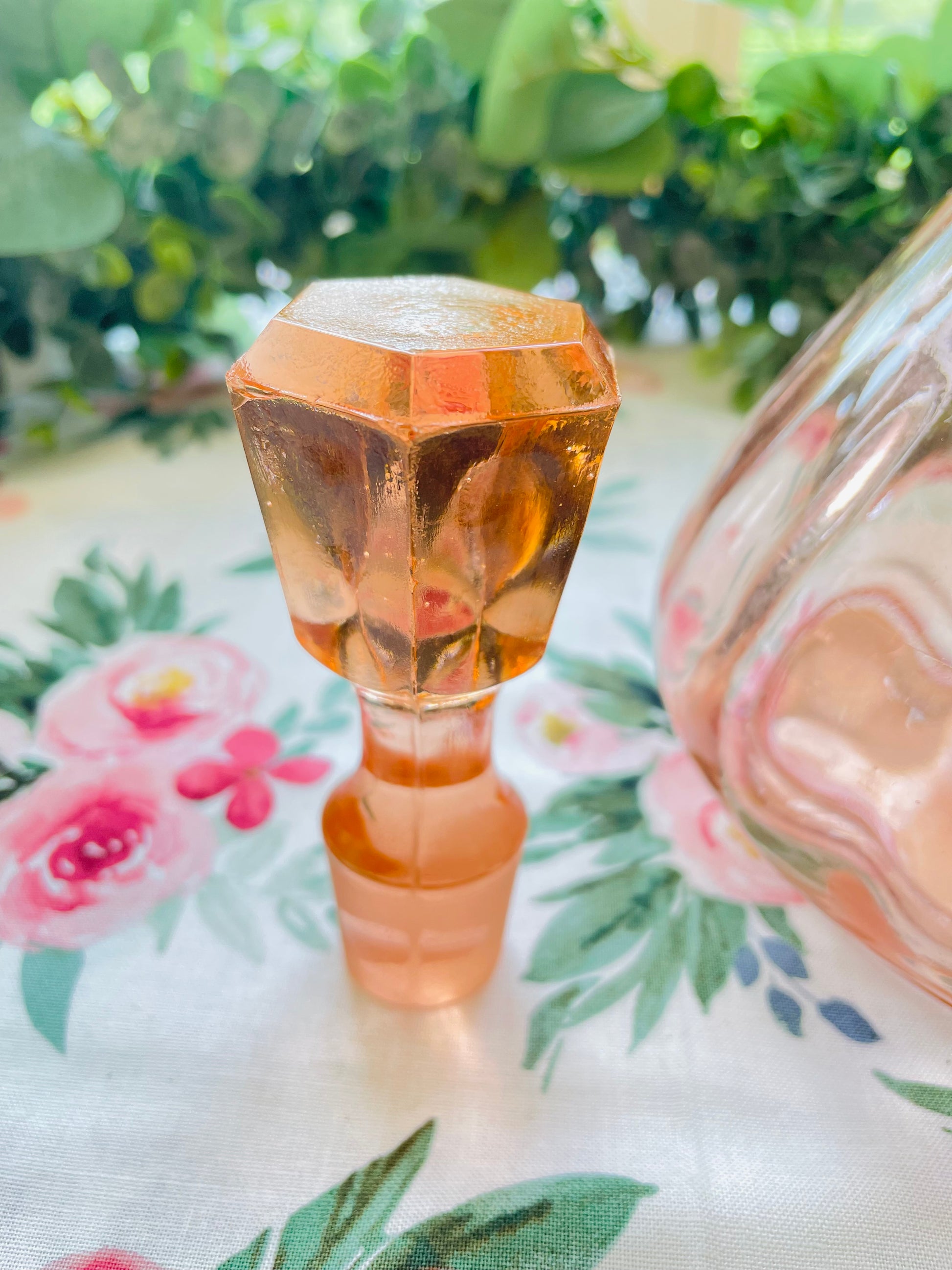 antique pink depression glass pink glass decanter hexagon stopper decanter pink glass decor pink kitchenware pink office decor birthday rare pink decanter Thebrokenbirdcompany pink kitchen antique glass wine decanter pink fancy decanter container
