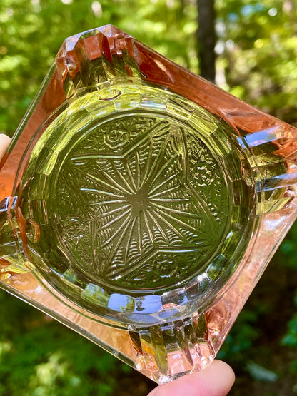 pink depression glass ashtray, vintage Jeannette Adam pattern, 1930s depression era glassware, square pink glass dish, collectible depression glass, antique pink ashtray, Adam pattern Jeannette, retro glass trinket tray, pink vintage smoking accessory, depression glass collector item, 3 inch square ashtray, starburst design glass, nostalgic pink decor