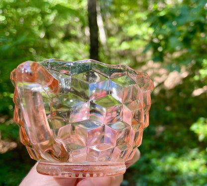 vintage diamond quilted pink depression glass double handle sugar bowl cup tea cup imperial glass company 1930s vintage pink glass pink cup princess cup gift thebrokenbirdcompany free shipping pink glass vintage gift birthday cup scalloped edge blush pink glass 2.5 inch height 5 inch width double pink handles diamond optic quilted 1930s pink depression glass