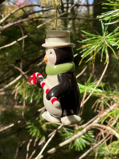 vintage 1990s Lenox Christmas Ornament Penguin holding a candy cane with top hat and green scarf 3.5 inch very merry christmas collection rare lenox gift babys first christmas gift collection set free shipping thebrokenbirdcompany christmas decor christmas ornaments vintage christmas decor holiday ornaments