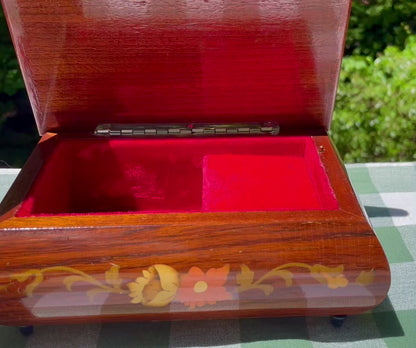 Vintage Reuge Swiss Music Jewelry Box with Hand Inlaid Floral Motifs- L'amour Est Bleu